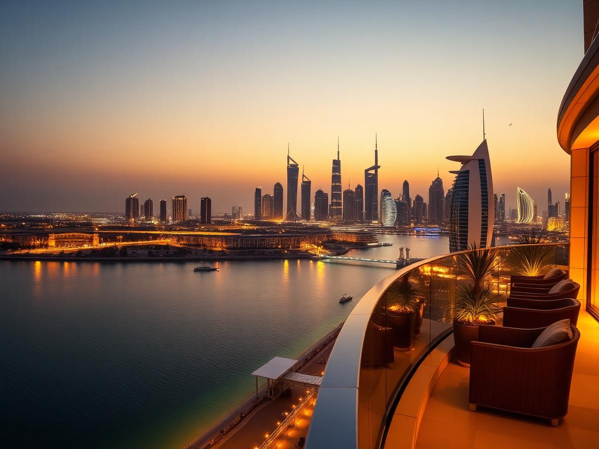 Palm Jumeirah skyline at dusk from the host hotel