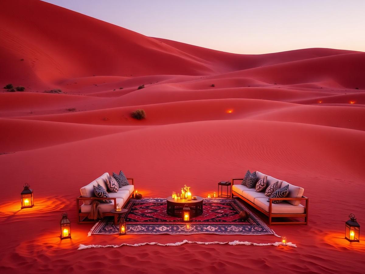 Evening lounge setup on the red desert dunes
