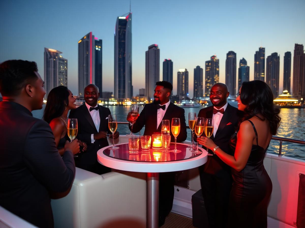 Guests celebrating aboard the yacht party